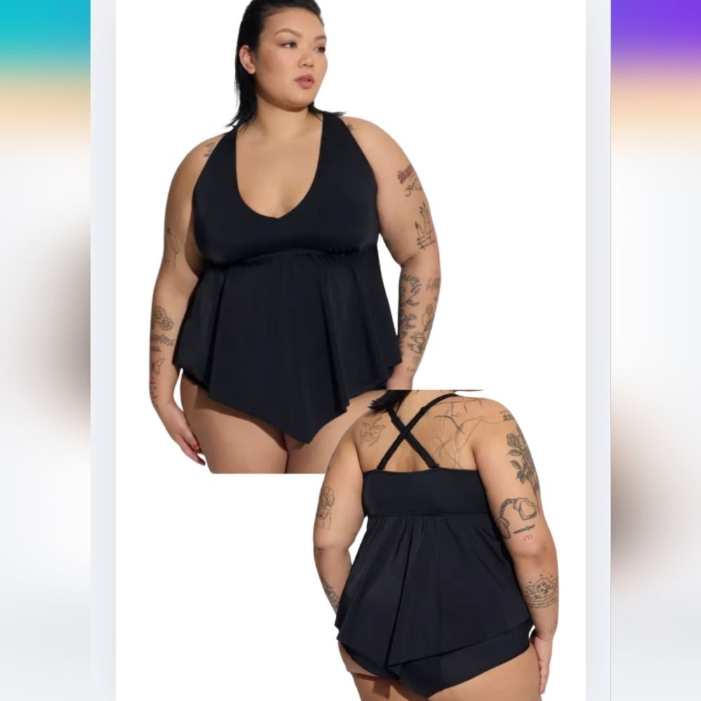 NEW Torrid 0 L 12 Wireless V-Neck Tankini Black Cross-Back 2940-Aj